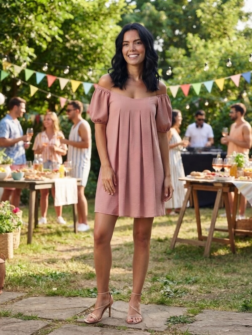 Time After Time Off-The-Shoulder Pleated Shift Dress Tunic Peach Pink